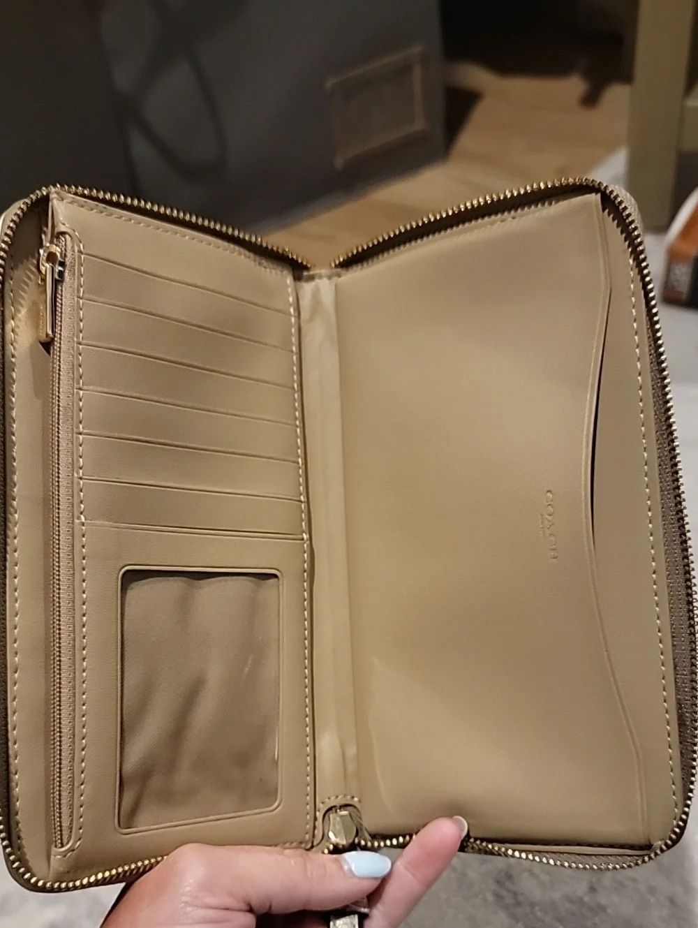 Coach Dempsey Beige and Pink Signature Zip Wallet With Leather Logo Patch